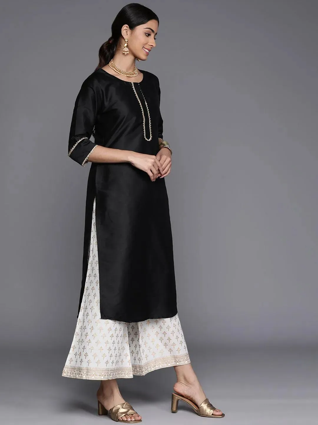 Black Solid Silk Straight Kurta