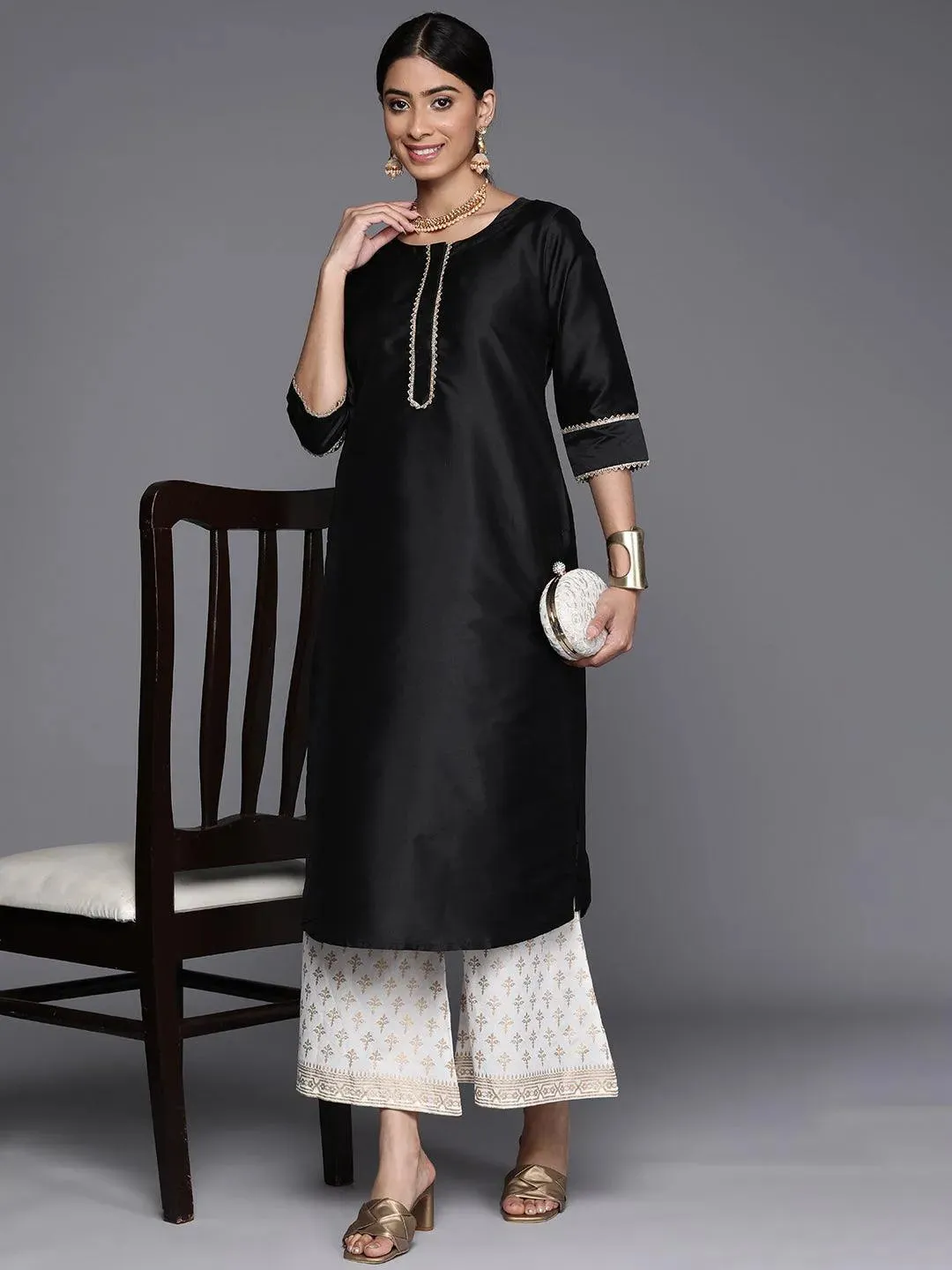 Black Solid Silk Straight Kurta