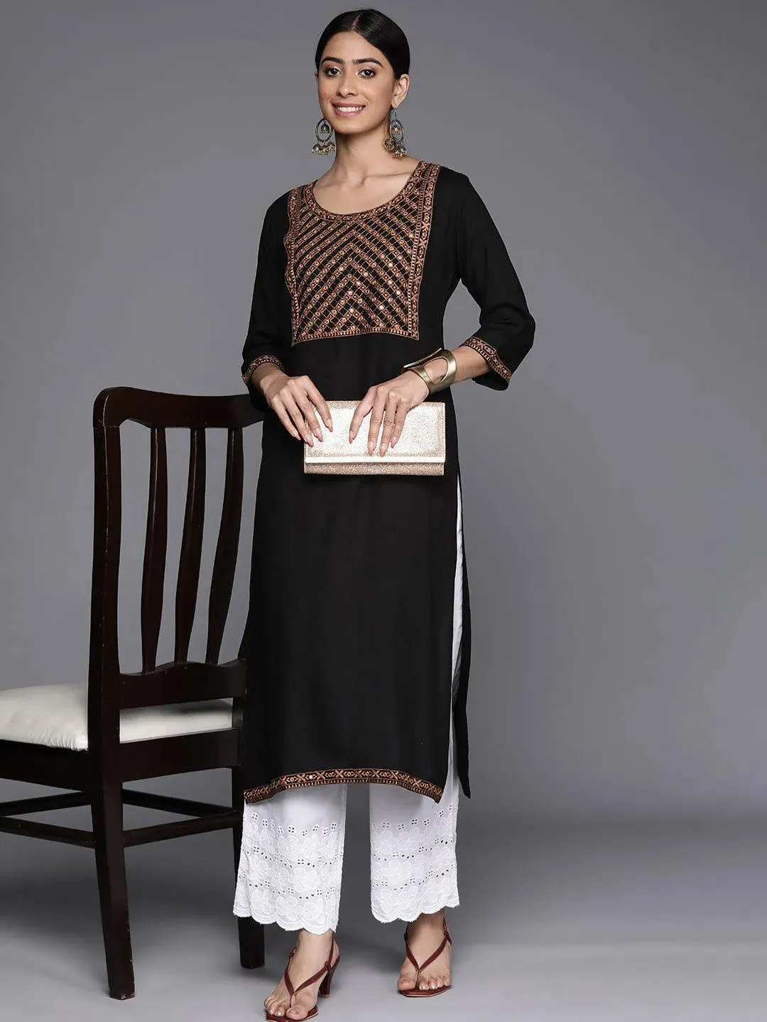 Black Yoke Design Rayon Straight Kurta