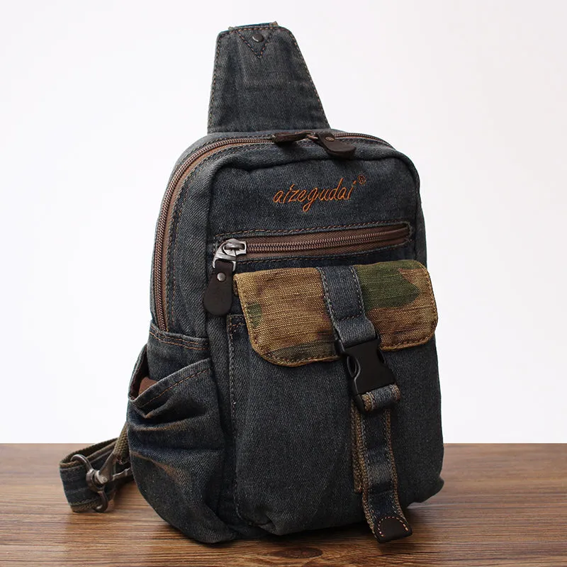 Blue Denim Mens Sling Bag Cool Chest Bag Vintage Blue Denim Sling Bag For Men