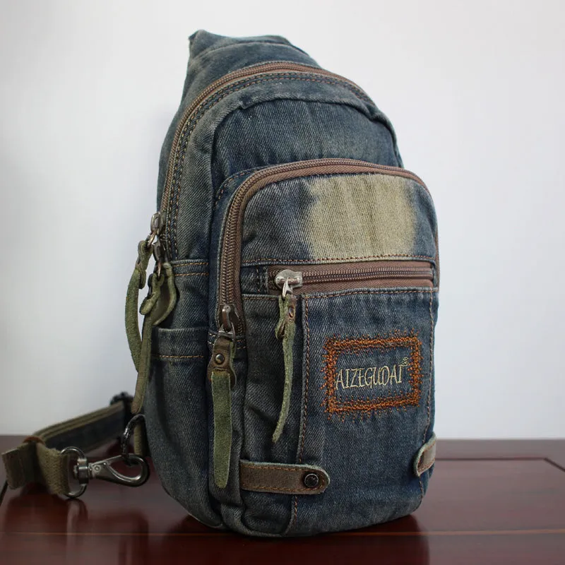 Blue Denim Mens Sling Bag Cool Chest Bag Vintage Denim Sling Bag For Men