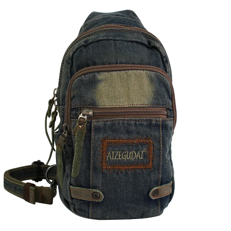 Blue Denim Mens Sling Bag Cool Chest Bag Vintage Denim Sling Bag For Men