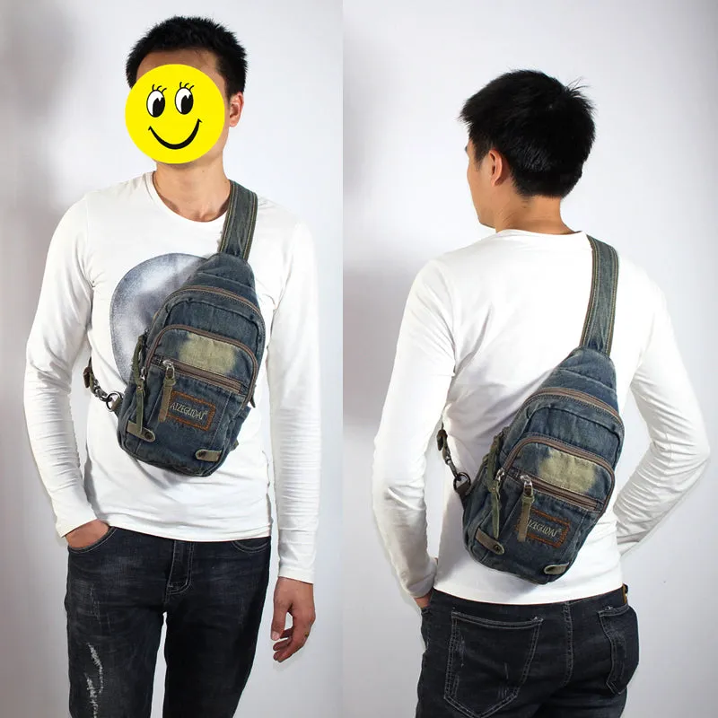 Blue Denim Mens Sling Bag Cool Chest Bag Vintage Denim Sling Bag For Men