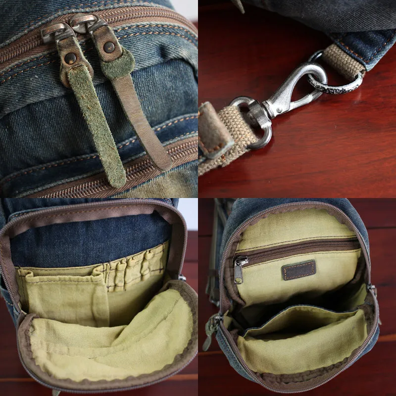 Blue Denim Mens Sling Bag Cool Chest Bag Vintage Denim Sling Bag For Men
