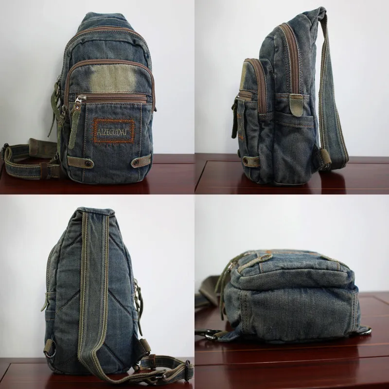 Blue Denim Mens Sling Bag Cool Chest Bag Vintage Denim Sling Bag For Men