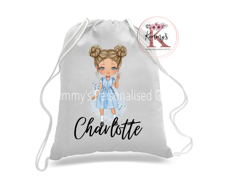 Blue School Girl Drawstring Bag