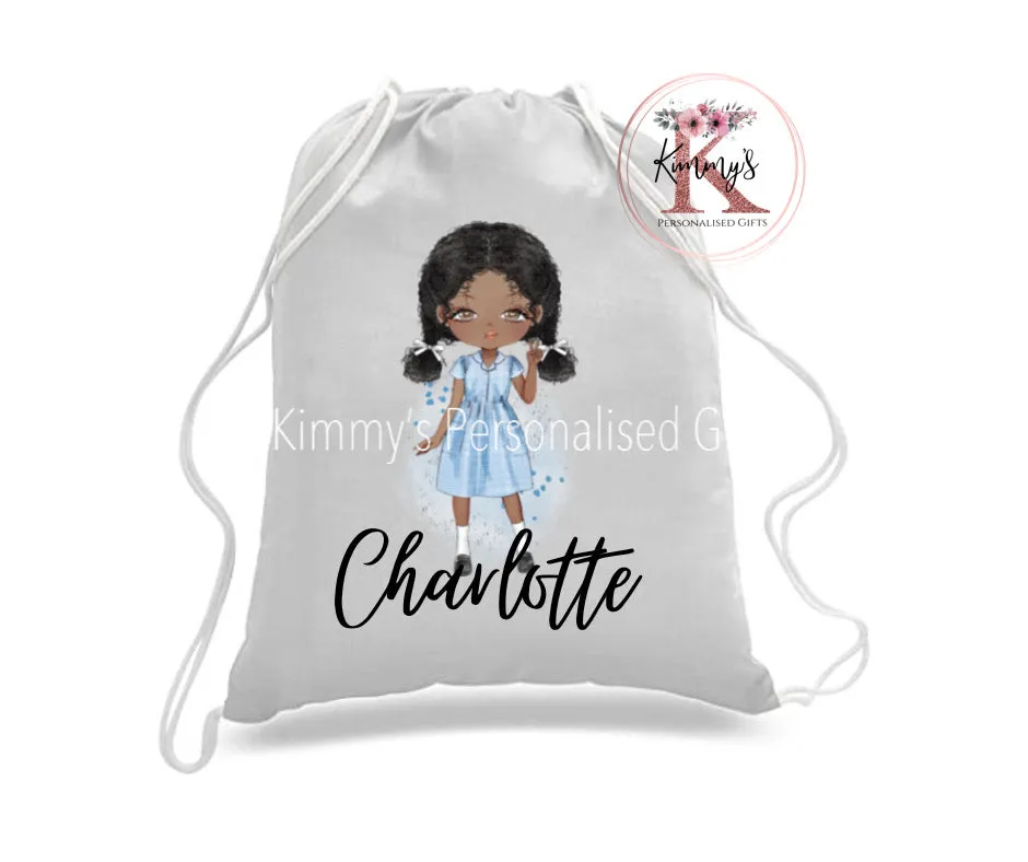 Blue School Girl Drawstring Bag