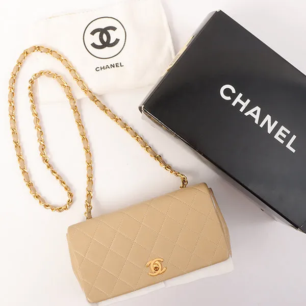 Chanel Around 1990 Made Full Flap Turn-Lock Chain Bag Mini Beige