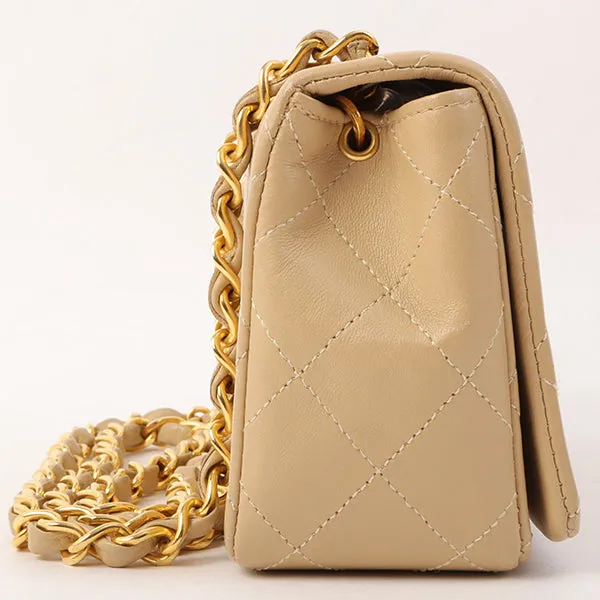 Chanel Around 1990 Made Full Flap Turn-Lock Chain Bag Mini Beige