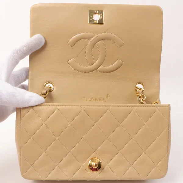 Chanel Around 1990 Made Full Flap Turn-Lock Chain Bag Mini Beige