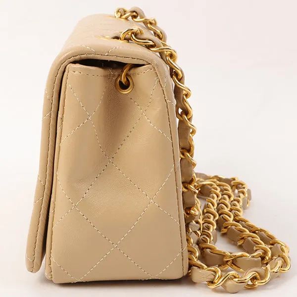Chanel Around 1990 Made Full Flap Turn-Lock Chain Bag Mini Beige
