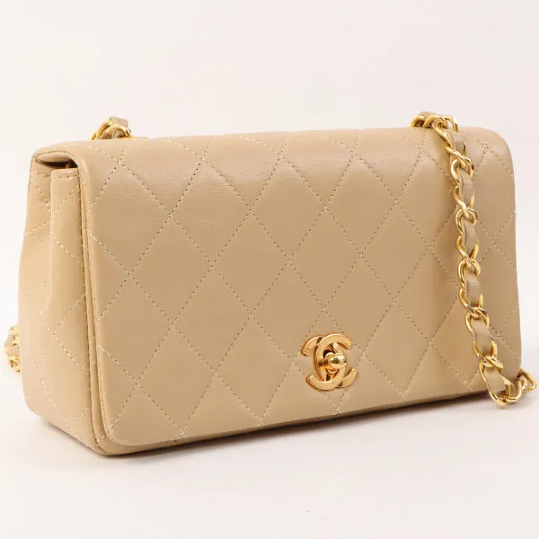 Chanel Around 1990 Made Full Flap Turn-Lock Chain Bag Mini Beige