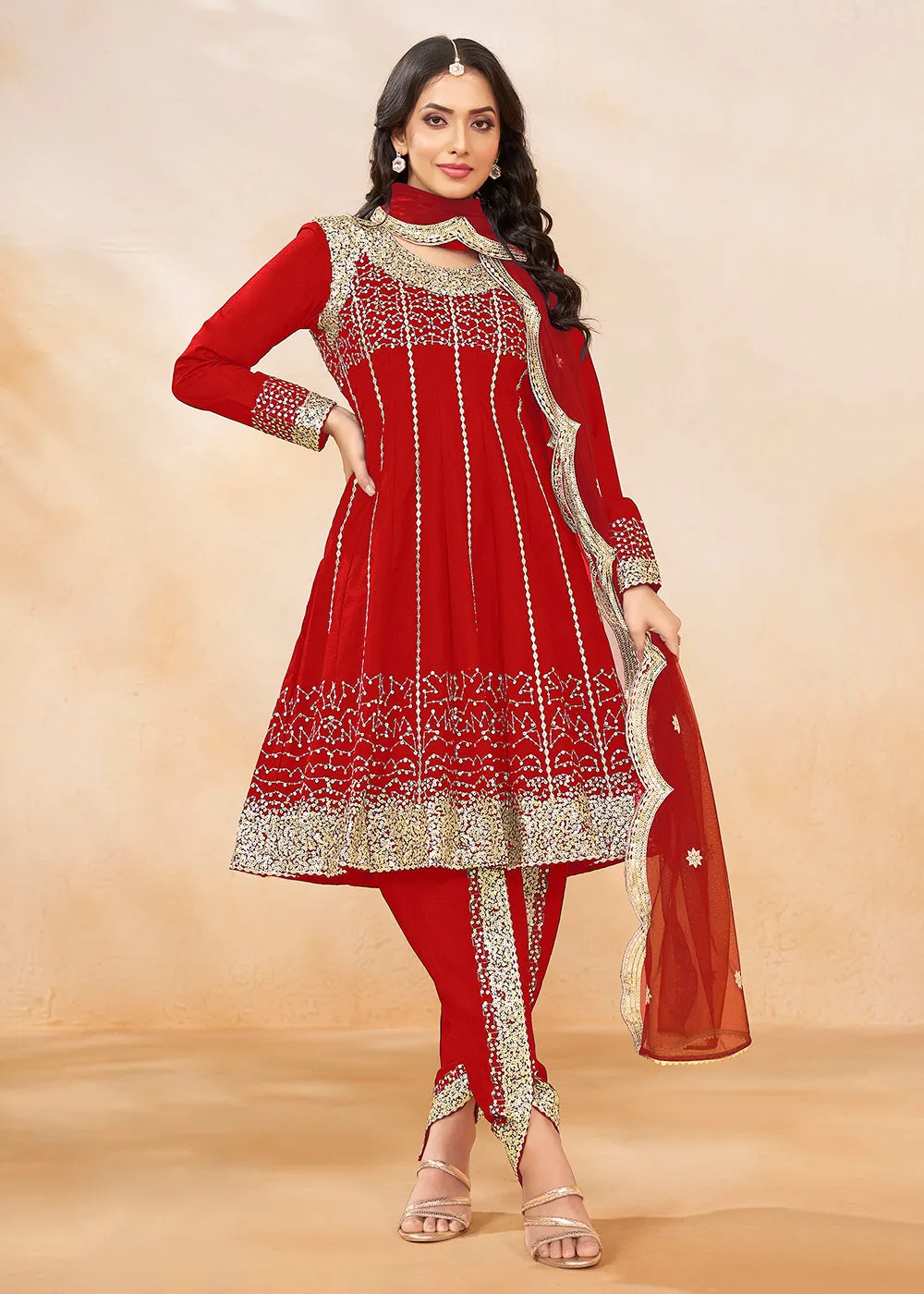 Charming Red Punjabi Dhoti Style Festive Party Suit