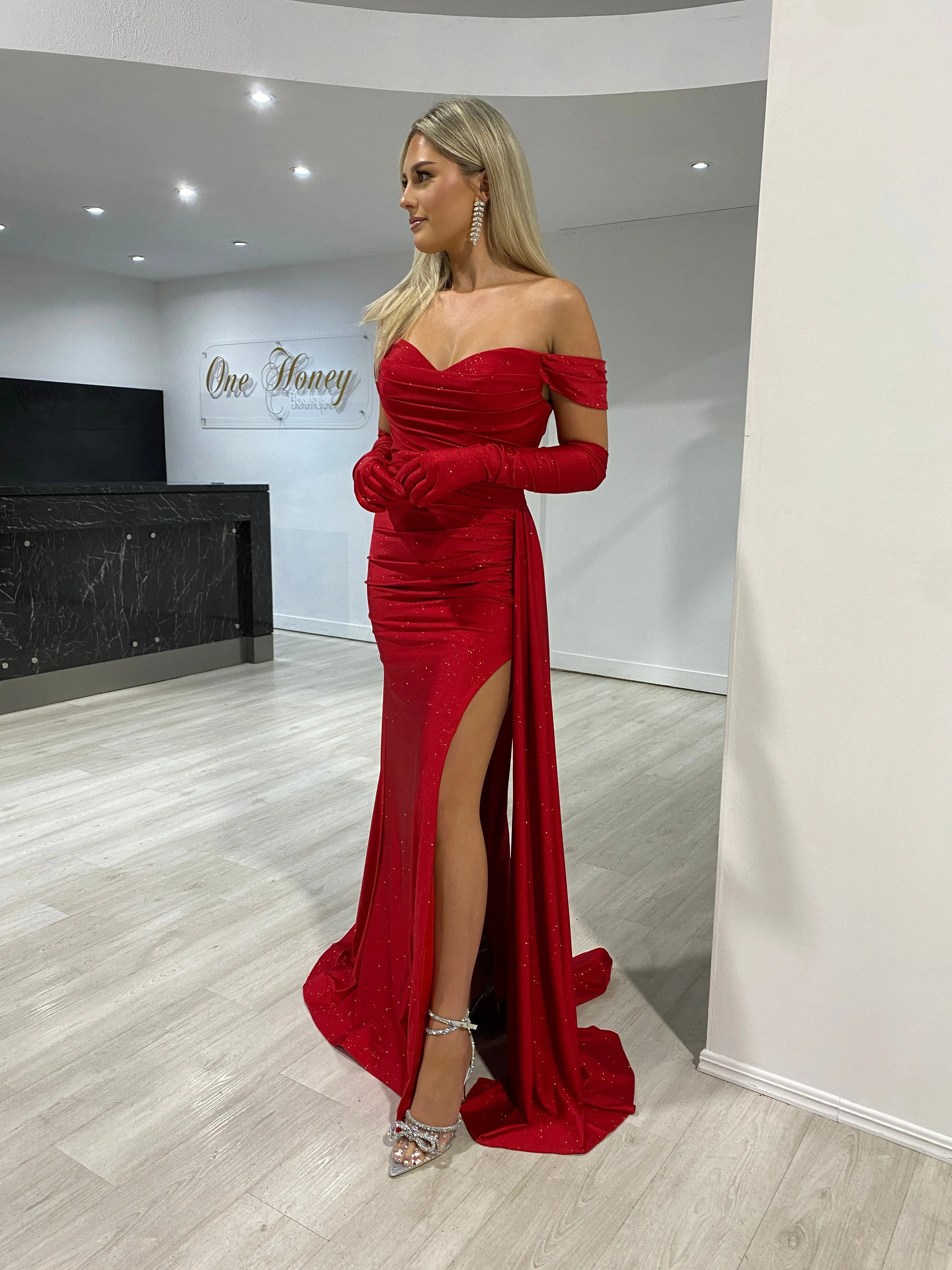 CHRISTINA Off Shoulder Glitter Shimmer Formal Dress w Gloves