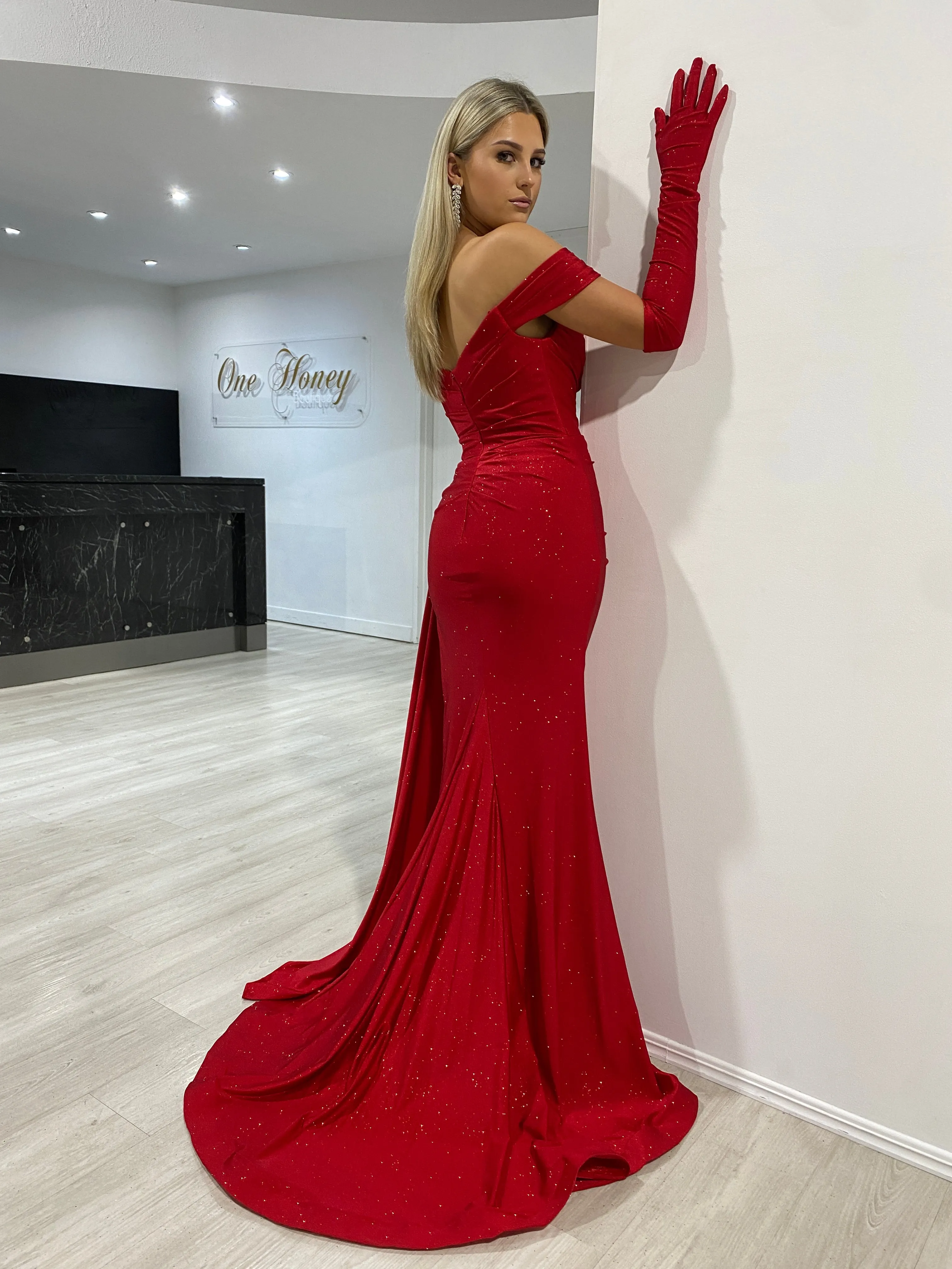 CHRISTINA Off Shoulder Glitter Shimmer Formal Dress w Gloves