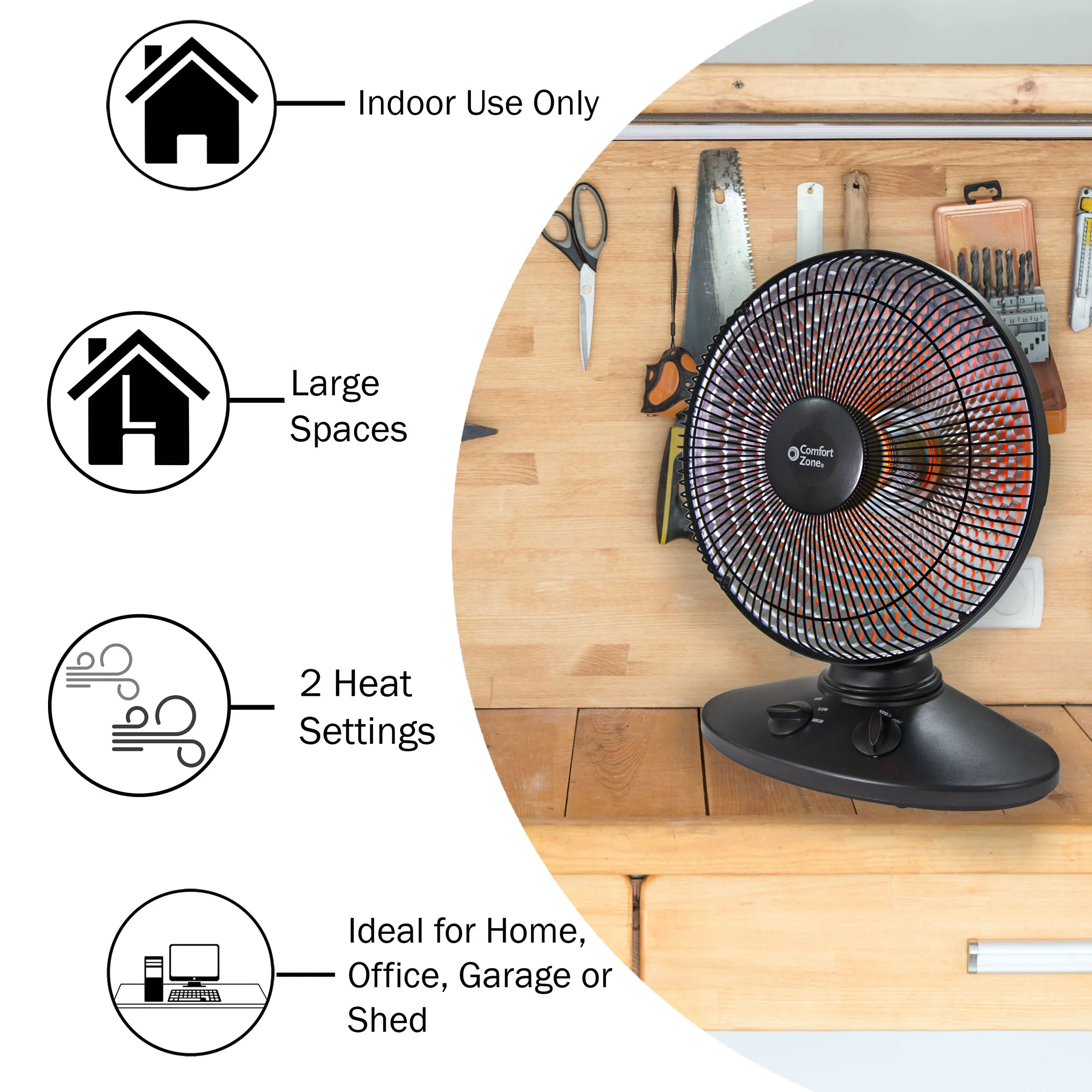 Comfort Zone Electric Oscillating Radiant Dish Heater with Adjustable Tilt in Black