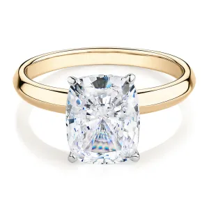 Cushion Radiant solitaire engagement ring with 3.49 carat* diamond simulant in 14 carat yellow and white gold