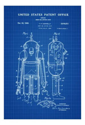 Deep Sea Diving Suit Patent - Patent Print, Wall Decor, Diver Gift, Scuba Gift, Scuba Diver, Deep Sea Diver, Nautical Decor