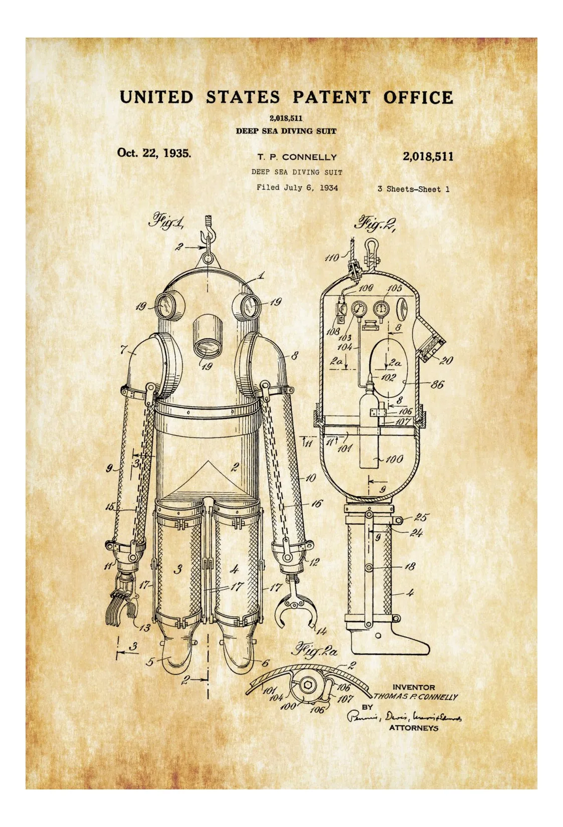 Deep Sea Diving Suit Patent - Patent Print, Wall Decor, Diver Gift, Scuba Gift, Scuba Diver, Deep Sea Diver, Nautical Decor