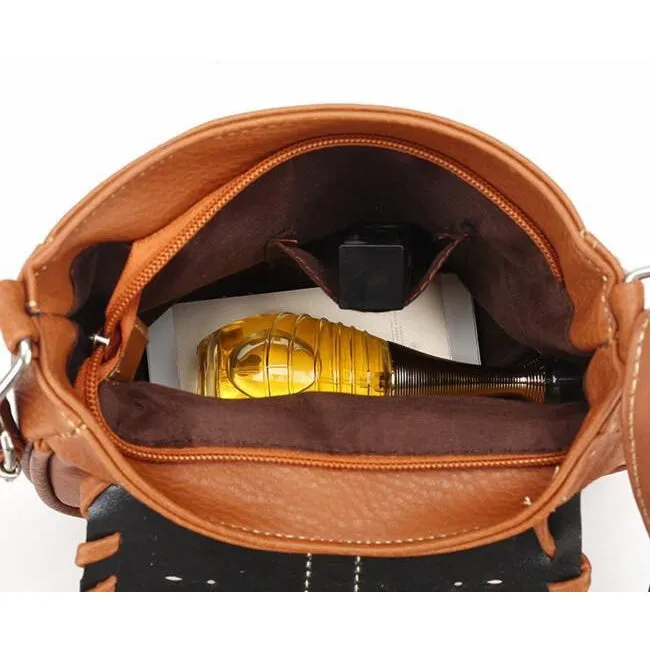 Designer Crossbody Faux Leather Messenger Handbag with Creative Artwork and Front Buckle Flap closure
