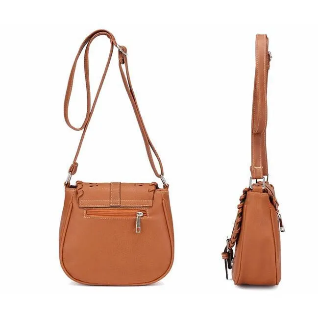 Designer Crossbody Faux Leather Messenger Handbag with Creative Artwork and Front Buckle Flap closure