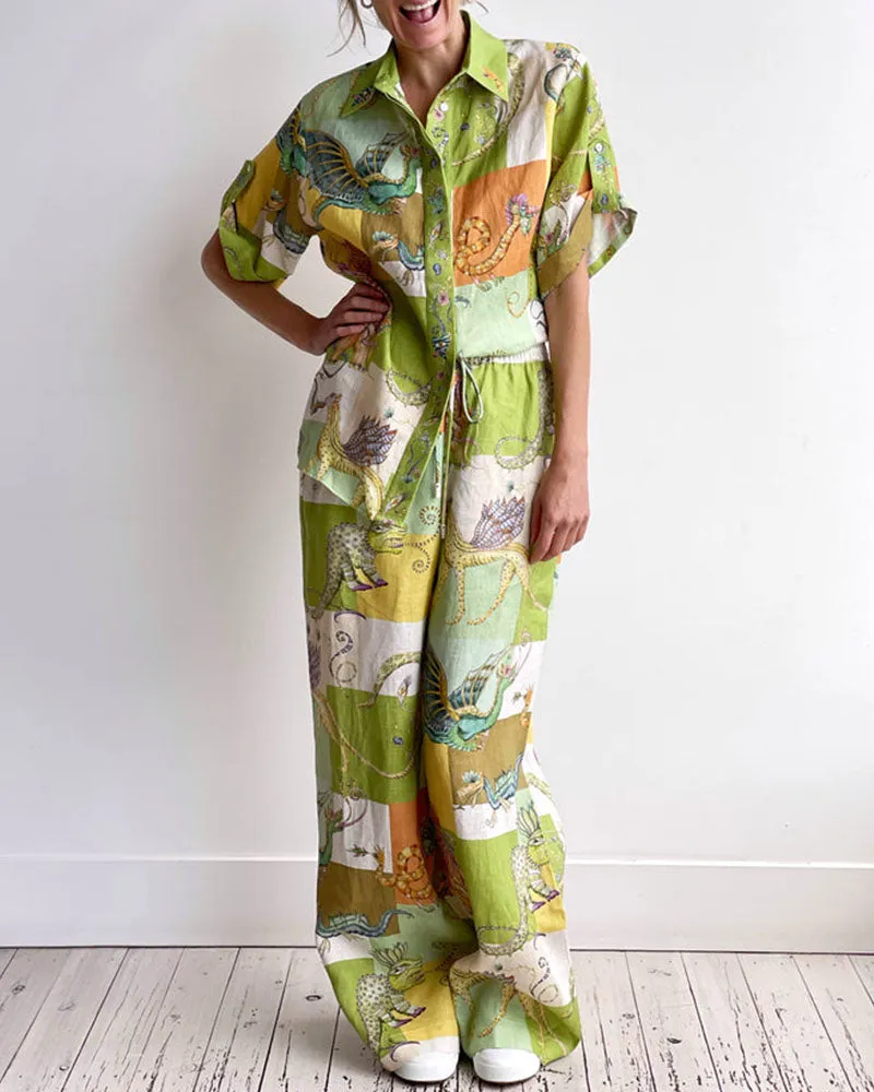Dinosaur Graffiti Print Casual Two-Piece Set