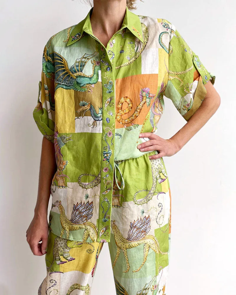 Dinosaur Graffiti Print Casual Two-Piece Set