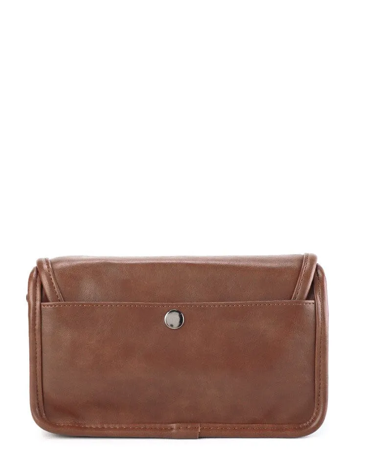 Distressed Leather Button Flap Crossbody Bag - Camel