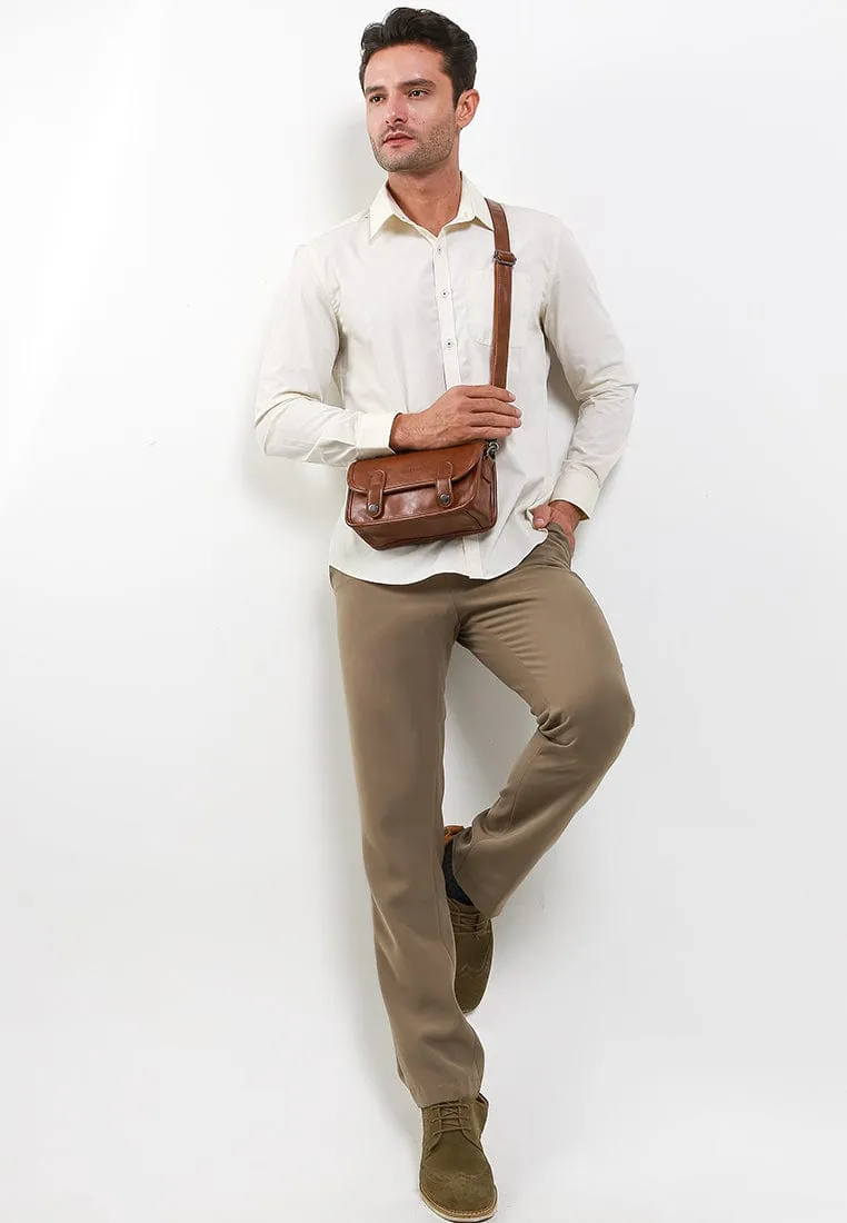 Distressed Leather Button Flap Crossbody Bag - Camel