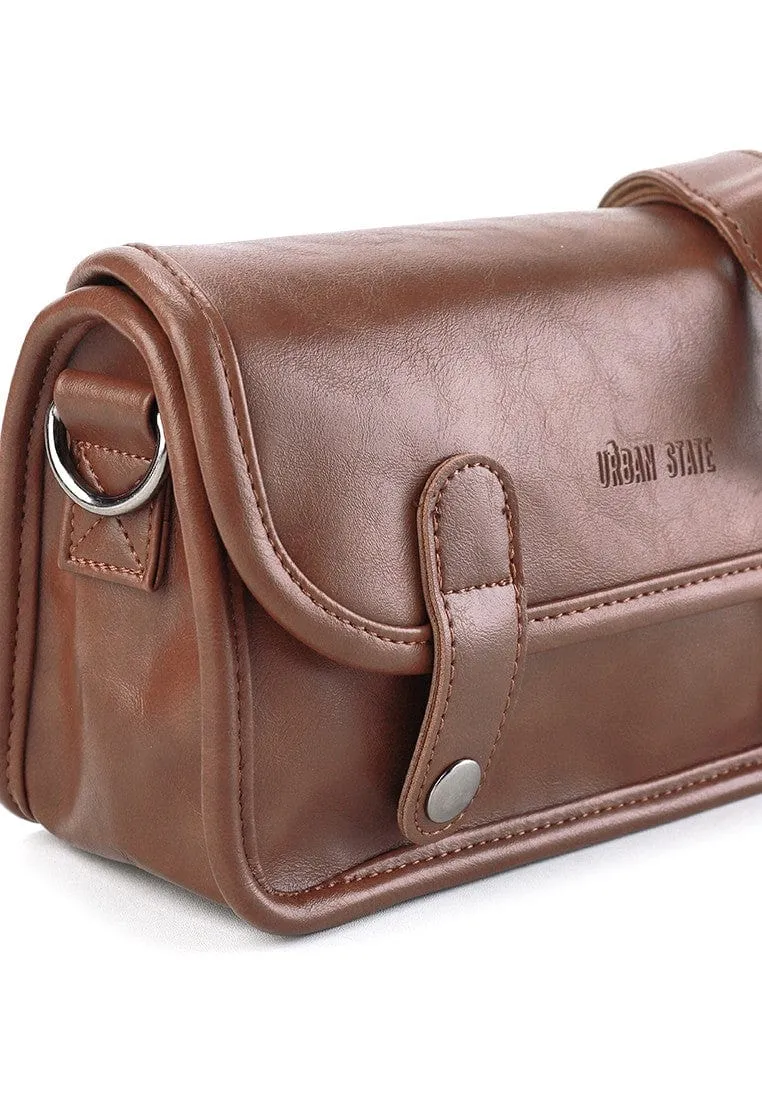 Distressed Leather Button Flap Crossbody Bag - Camel