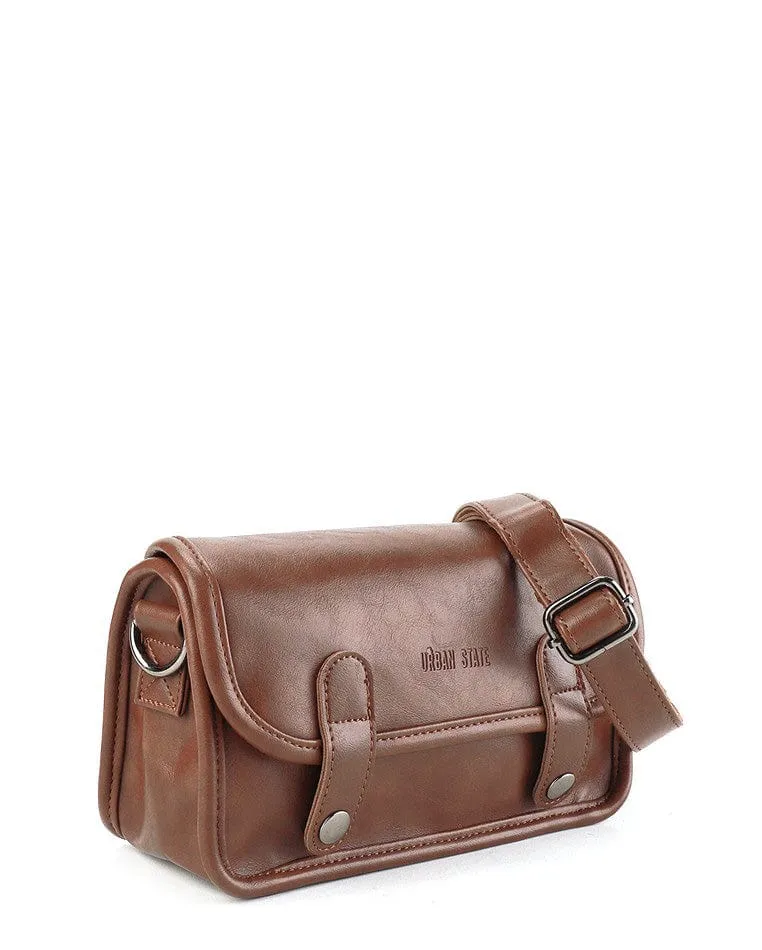 Distressed Leather Button Flap Crossbody Bag - Camel