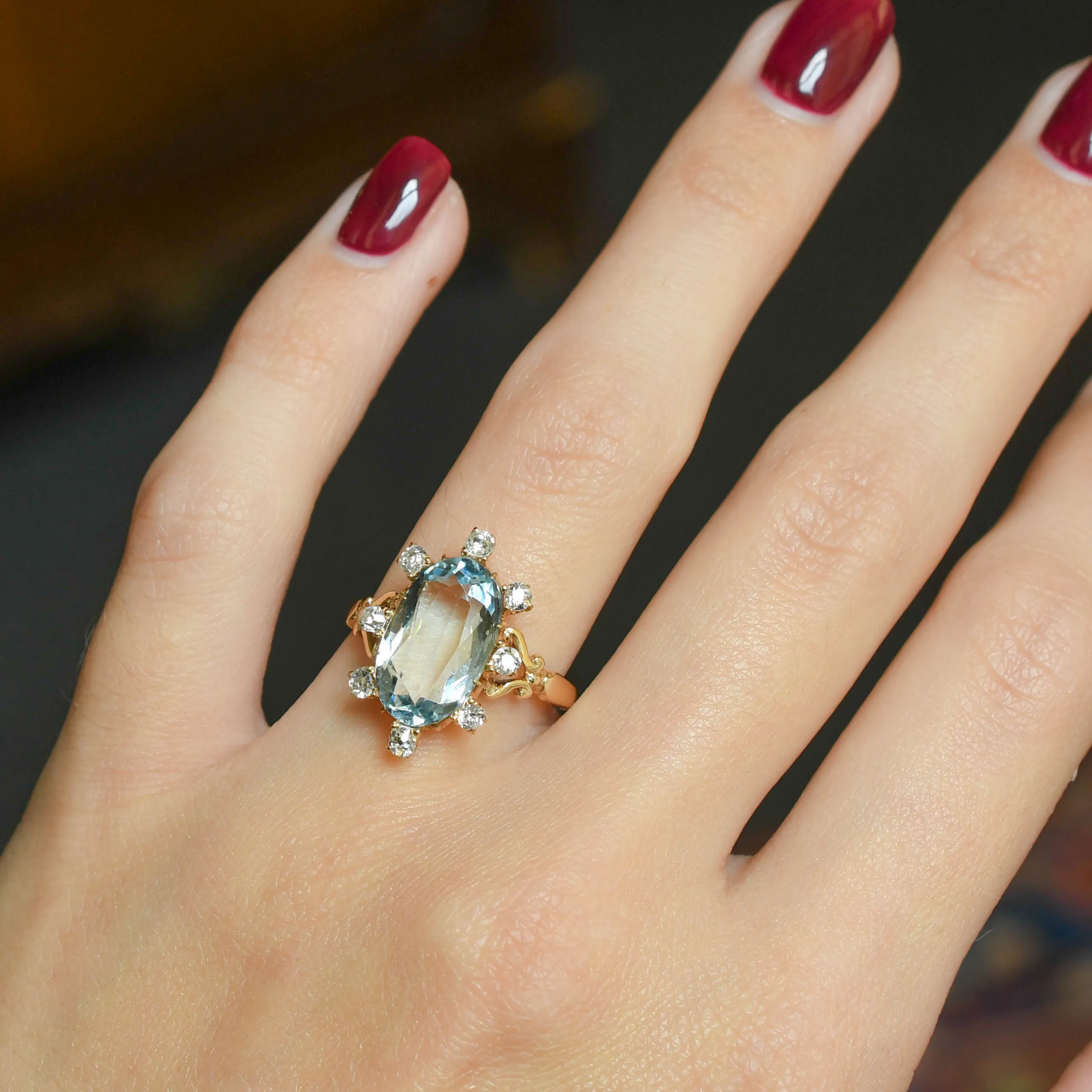 Edwardian Aquamarine & Diamond Satellite Ring