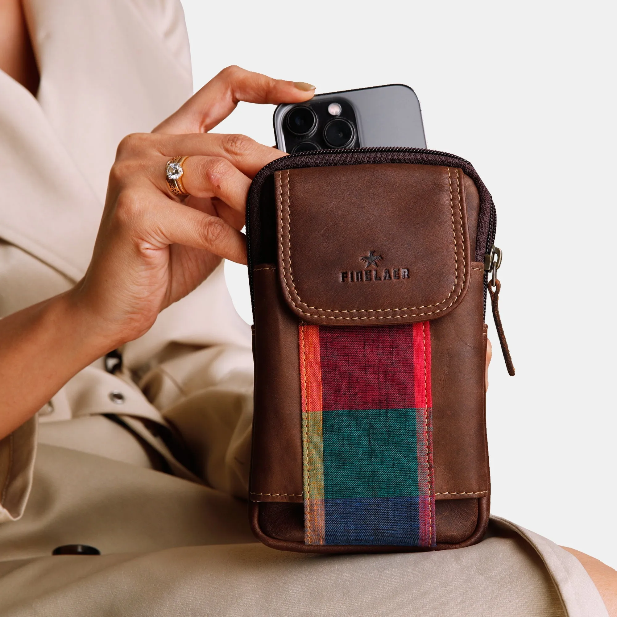 FINELAER Leather Dual Phone Case Printed Cloth Belt Loop Slim Profile Dual Functionality Professionals Travelers