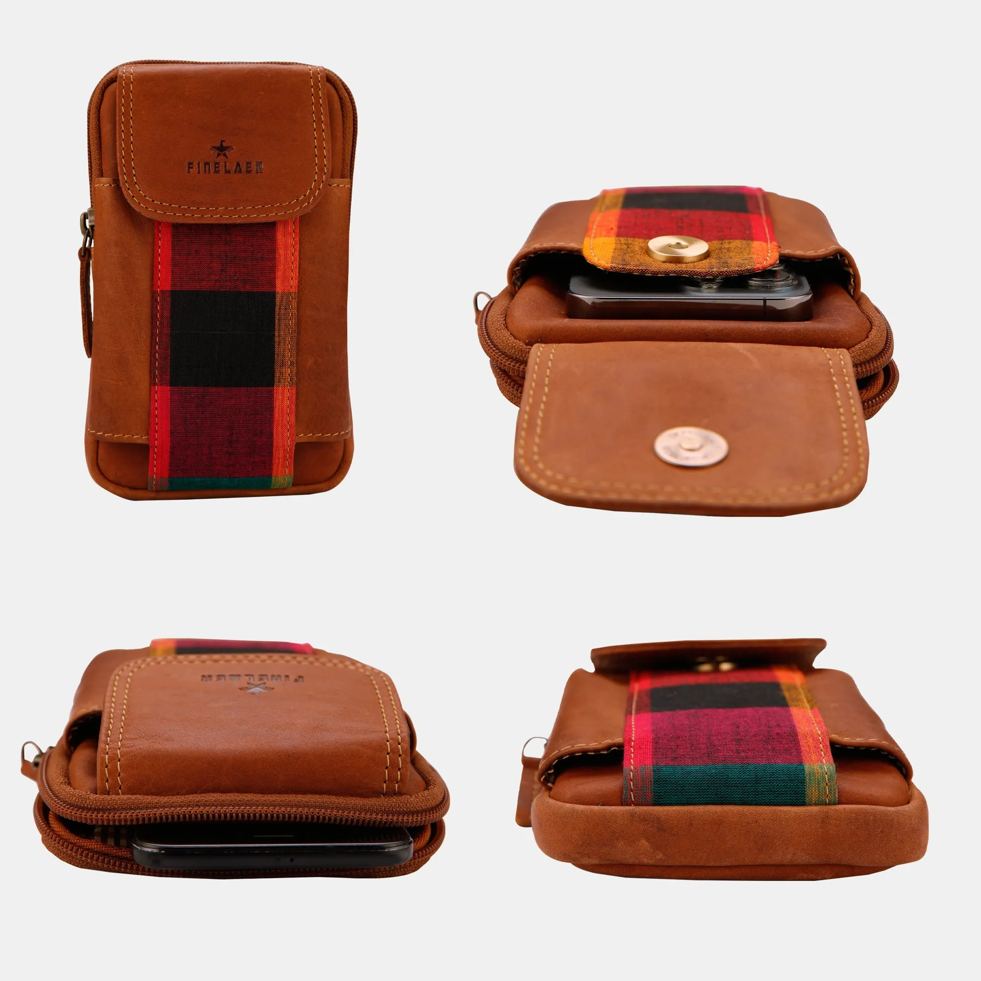 FINELAER Leather Dual Phone Case Printed Cloth Belt Loop Slim Profile Dual Functionality Professionals Travelers