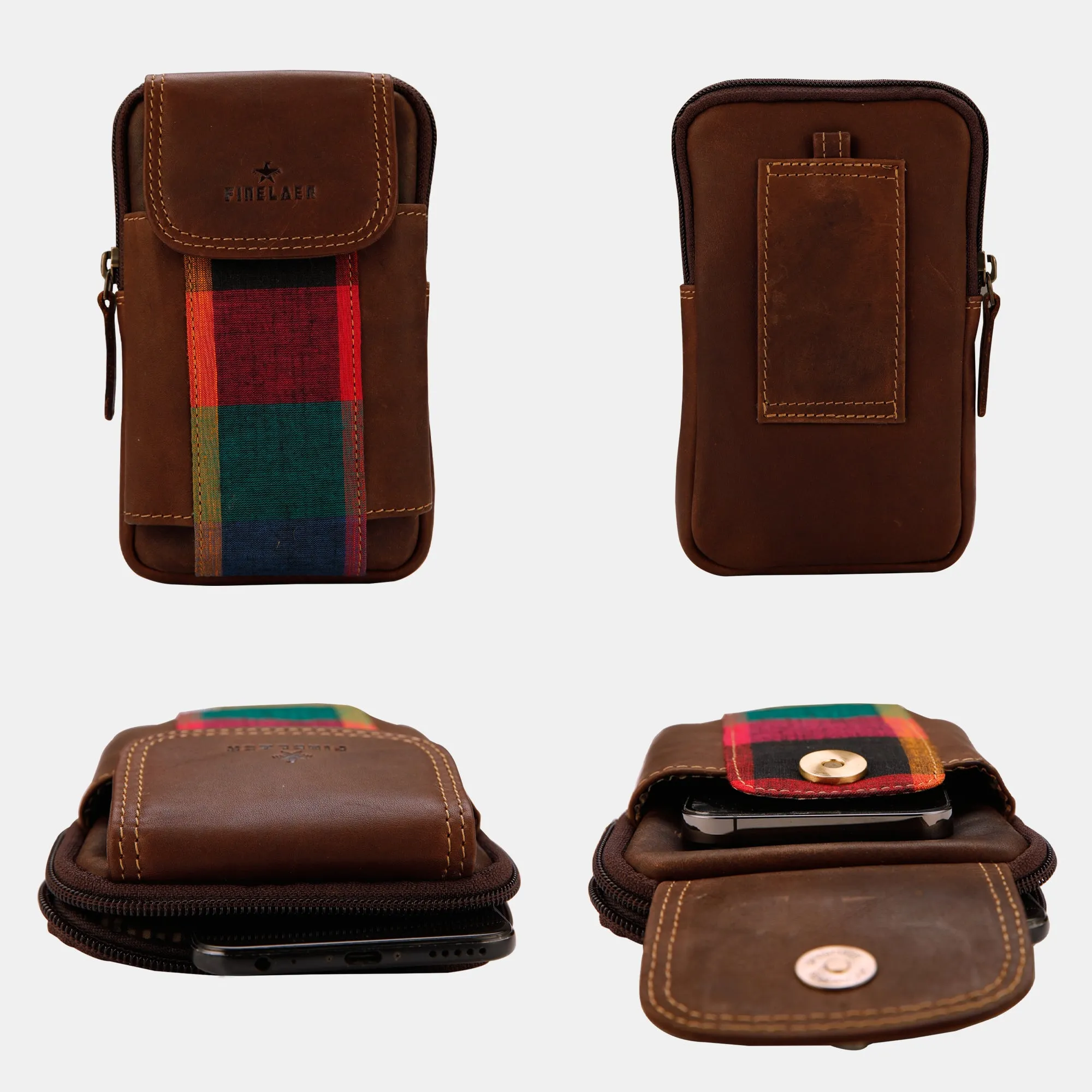 FINELAER Leather Dual Phone Case Printed Cloth Belt Loop Slim Profile Dual Functionality Professionals Travelers