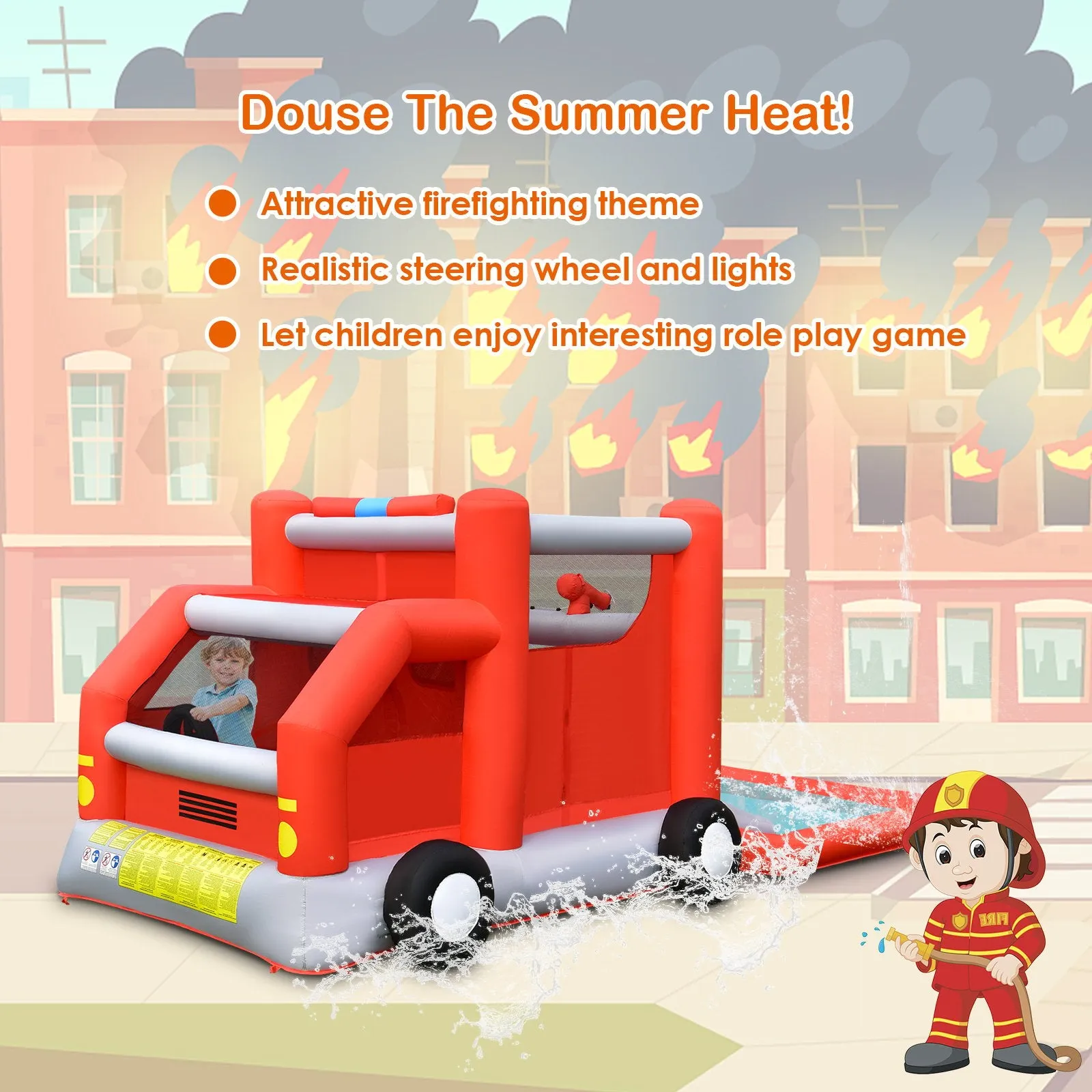 Firefighting-Themed Inflatable Water Park with Slide
