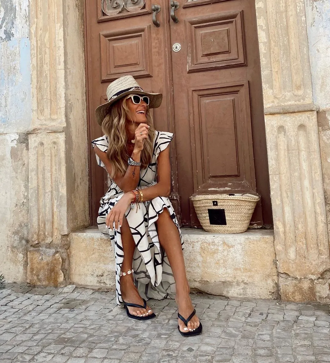 Geometric Print V-neck  Maxi Dress