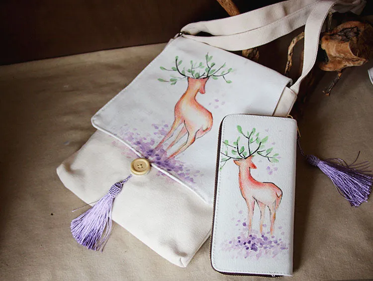 Hand Painted Deer Pattern Chinese Style Canvas Messenger Bag