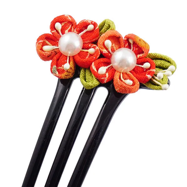 Handmade 3-prong Geisha Hair Stick Fork with Fabric Kanzashi Flowers Red
