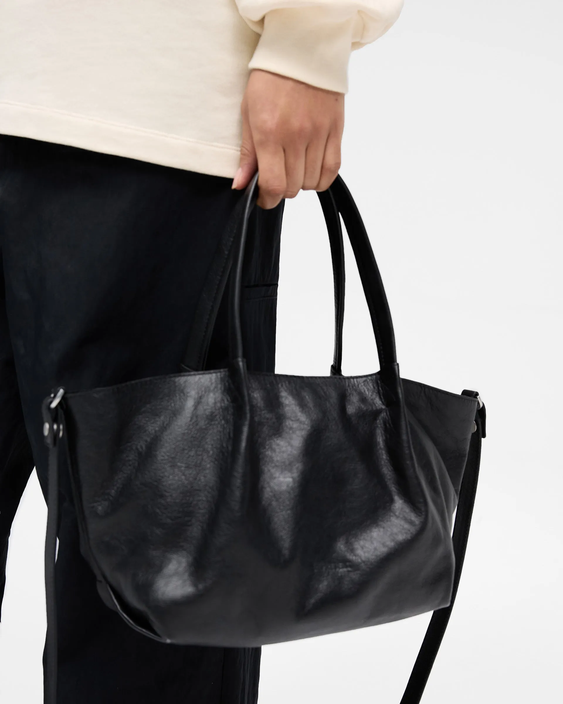 Leather Pleat Mini Tote - Jet Black