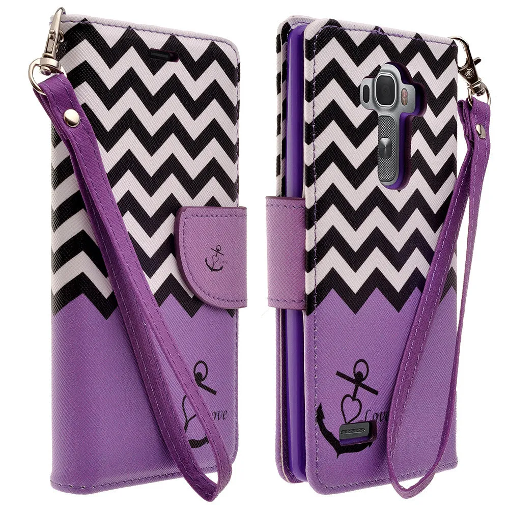 LG G4 Cases, Wrist Strap Magnetic Flip Folio [Kickstand Feature] Pu Leather Wallet Case with ID & Credit Card Slot - Purple Anchor