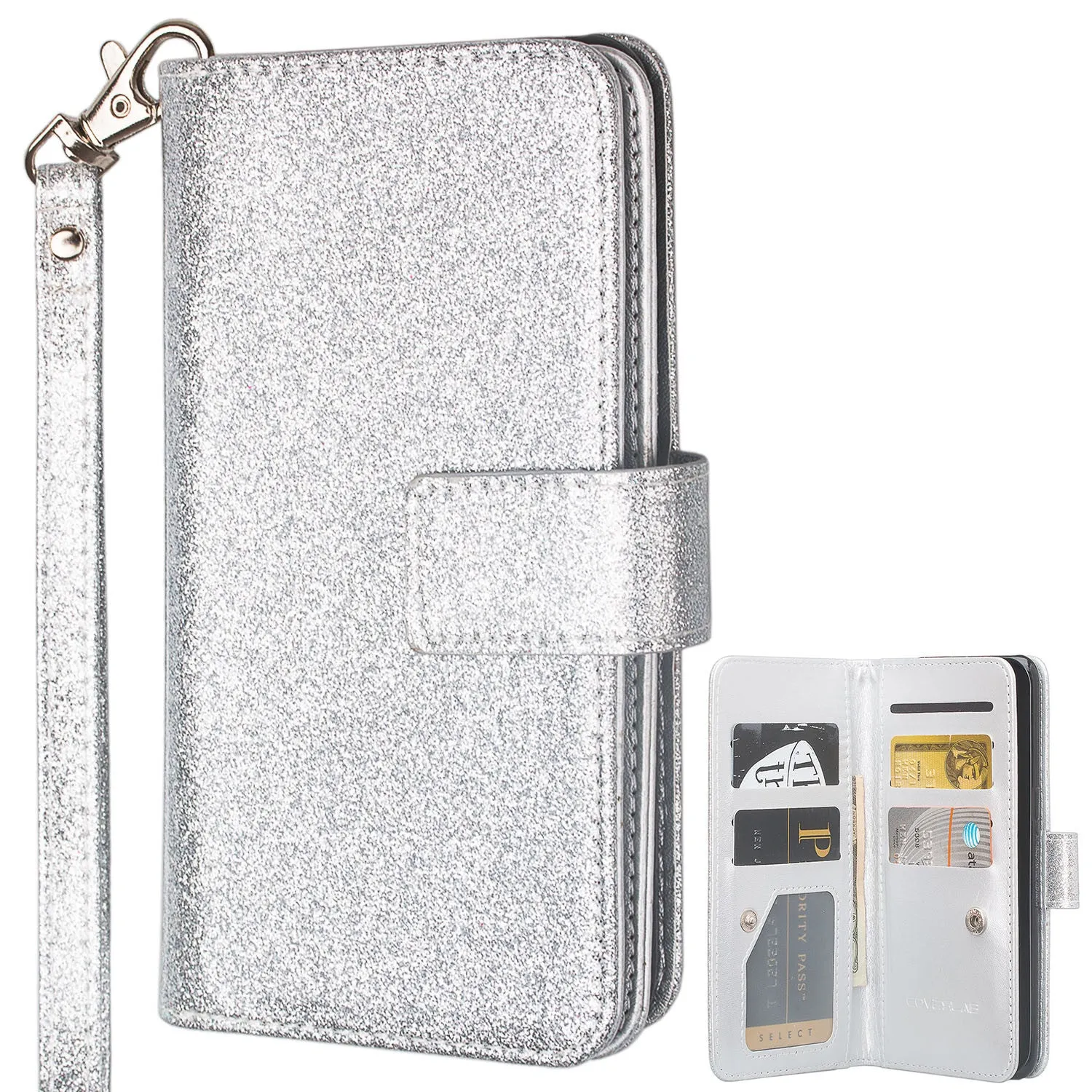LG K20 Plus Case, LG K20 V Case, LG Harmony Case, K10 2017,  [Wrist Strap] Glitter Faux Leather Flip [Kickstand] Wallet Cover - Silver