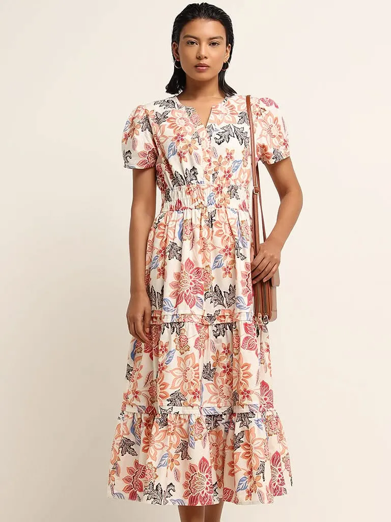 LOV Multicolour Floral Printed Tiered Cotton Dress