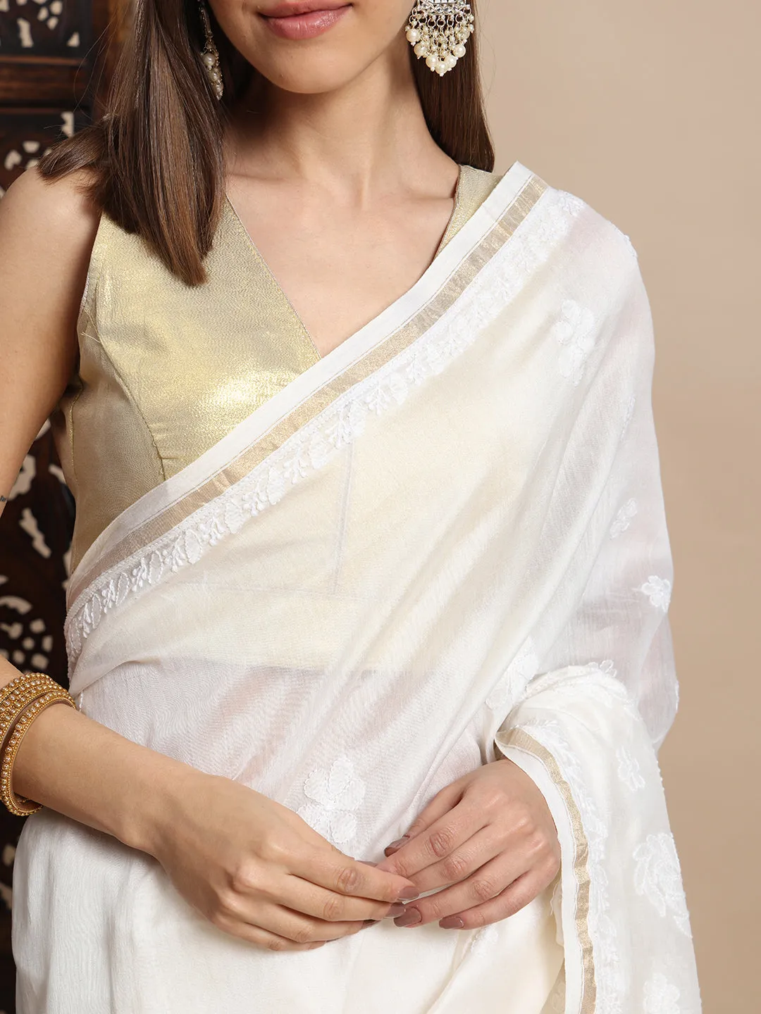 Luxurious Chikankari & Zari Chanderi Silk Saree with Blouse