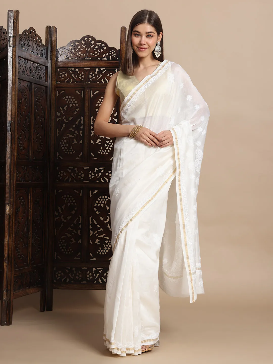 Luxurious Chikankari & Zari Chanderi Silk Saree with Blouse