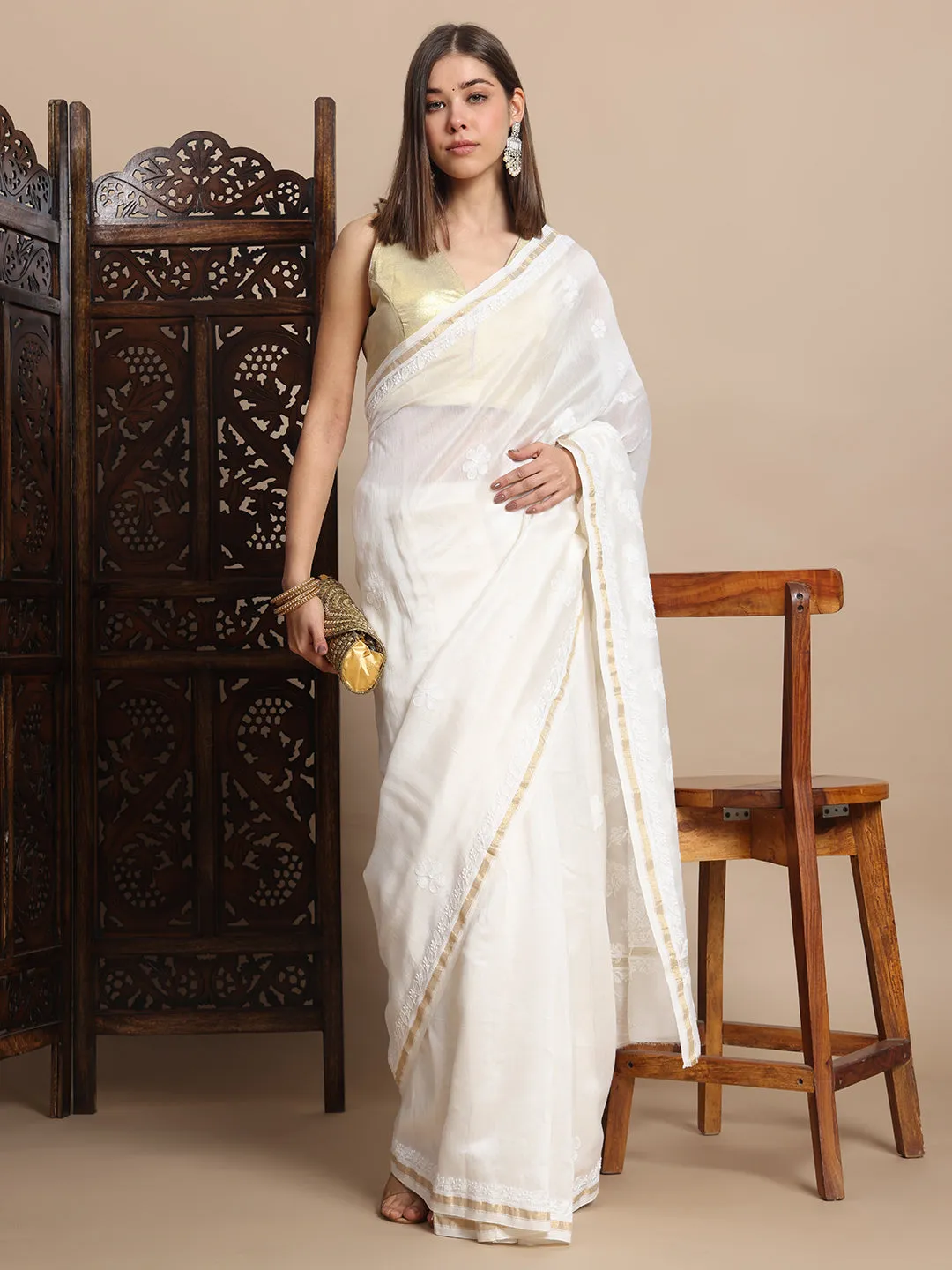 Luxurious Chikankari & Zari Chanderi Silk Saree with Blouse