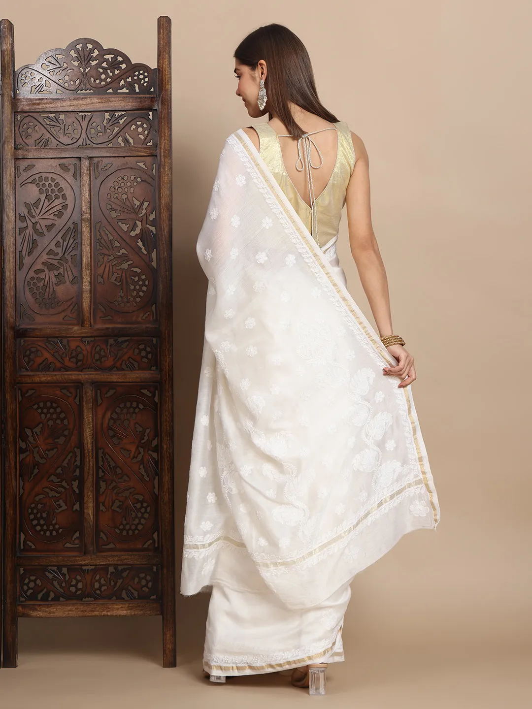 Luxurious Chikankari & Zari Chanderi Silk Saree with Blouse
