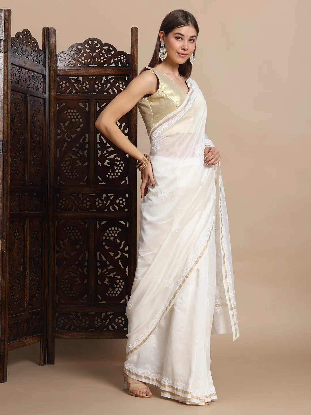 Luxurious Chikankari & Zari Chanderi Silk Saree with Blouse