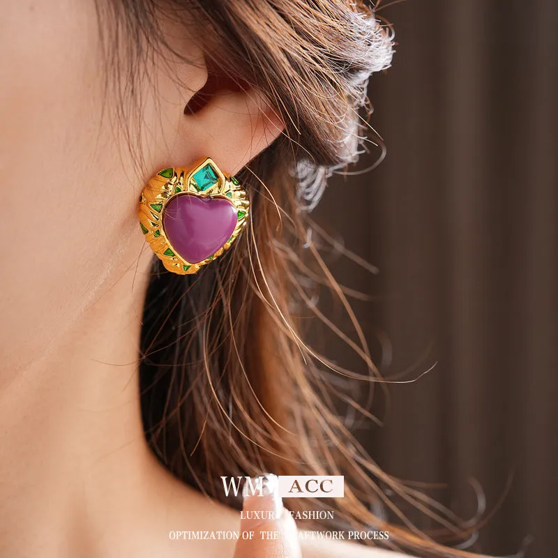 Luxurious Heart Geometric Heart Alloy Oil Dripping Earrings