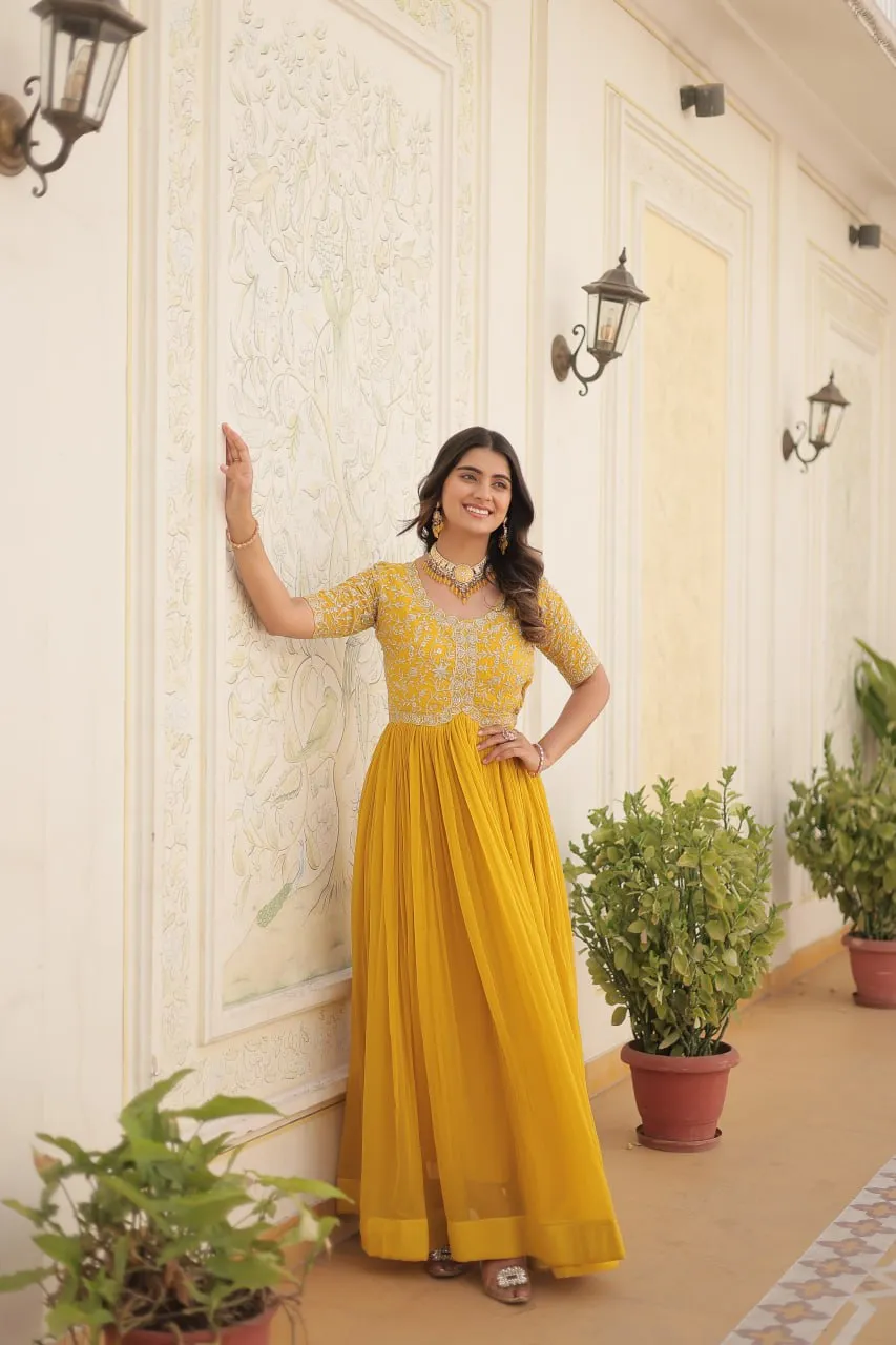 Luxurious Zari-Embroidered Yellow Gown for Discerning Women